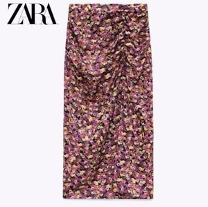 ZARA womens floral ruched midi skirt hi rise slit front